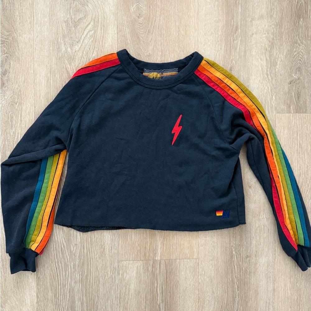 Aviator Nation Black Cropped Sweatshirt with Rainbow Sleeve Stripes and Red Bolt